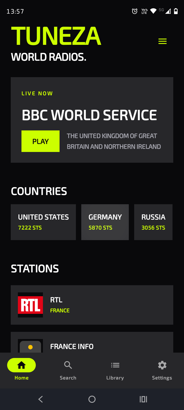 Home Screen showing live radio stations